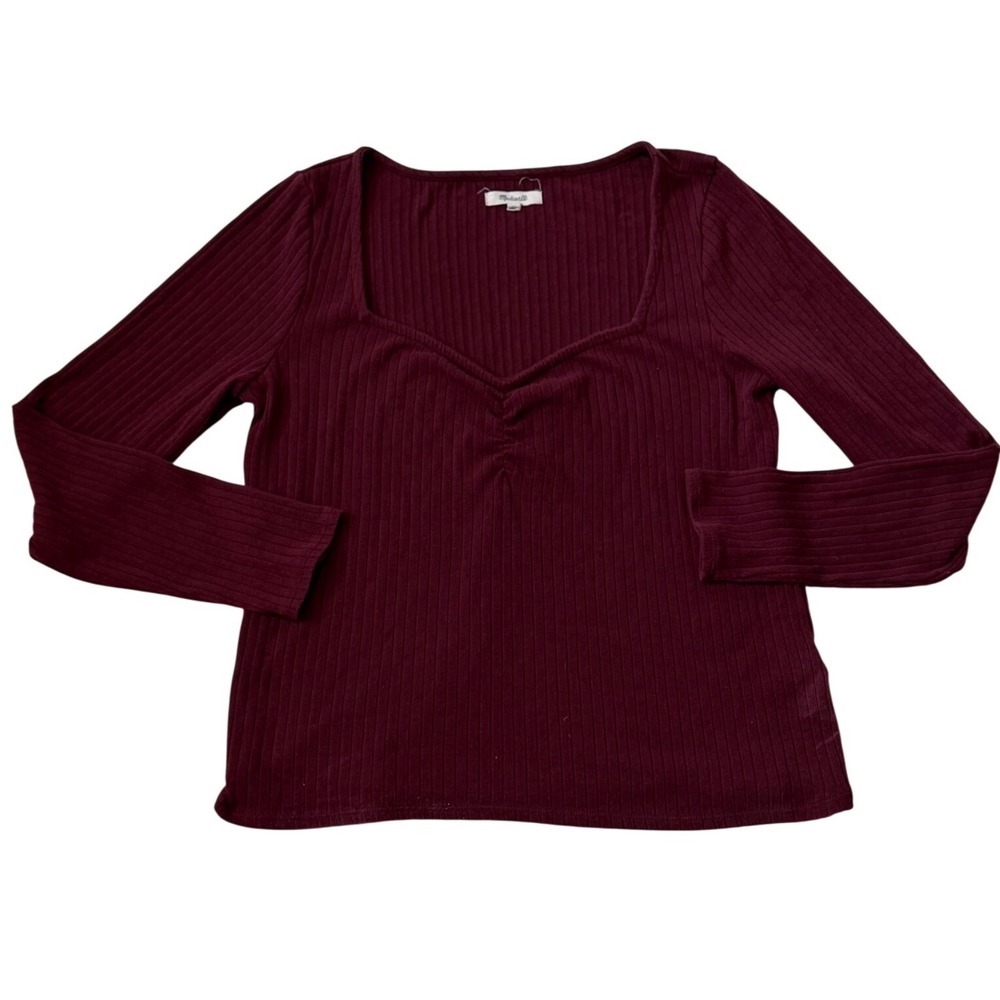 Madewell Burgundy Ribbed Sweetheart Neck Long Sleeve Top XL Coquette Fall Preppy